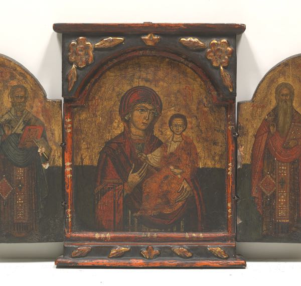 Appraisal: RUSSIAN TRAVELING TRIPTYCH ICON TH CENTURY x Polychromed and gilt