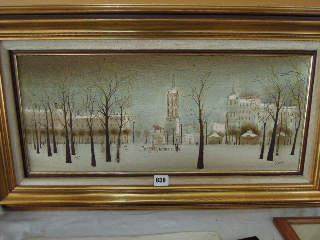 Appraisal: An oil painting on canvas of a stylised winter cityscape