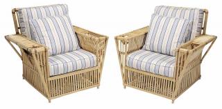 Appraisal: Pair Rattan and Striped Upholstered Armchairs modern construction by Bielecky