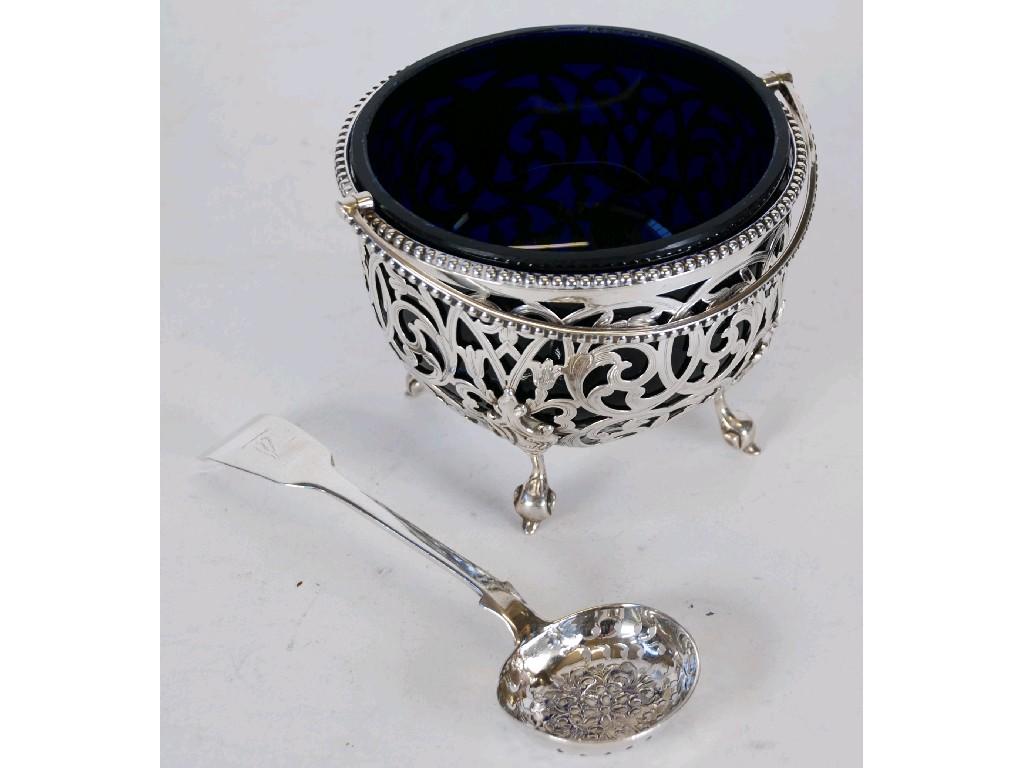 Appraisal: ATTRACTIVE VICTORIAN SILVER PIERCED SUGAR BASKET with beaded bail handle