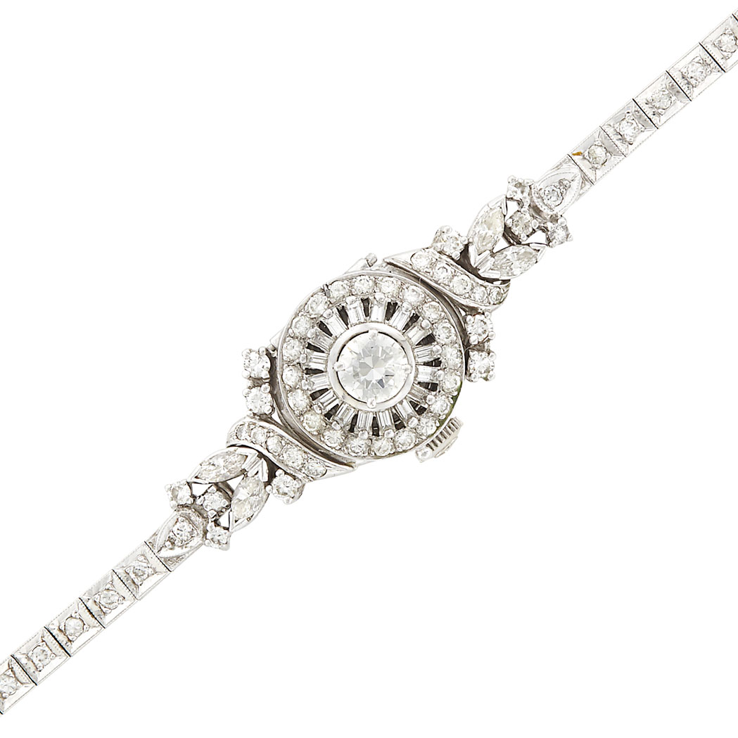 Appraisal: Platinum and Diamond Bracelet-Watch Mechanical one round diamond ap ct