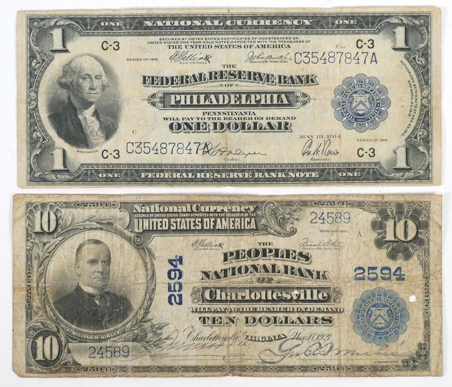 Appraisal: US LARGE NOTES Two US currency large notes Series of