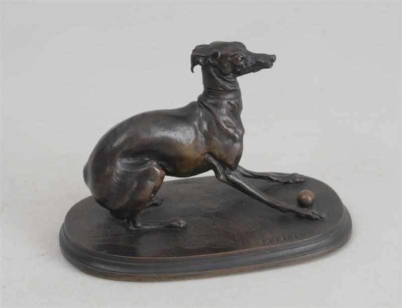 Appraisal: AFTER PIERRE JULES MENE WHIPPET WITH BALL Bronze signed in