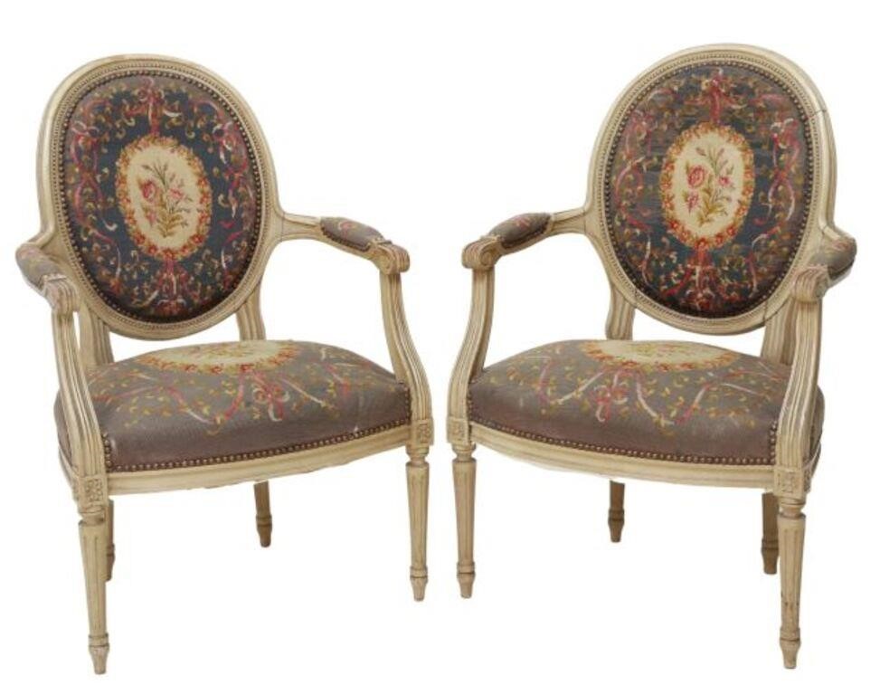 Appraisal: pair French Louis XVI style painted wood armchairs late th