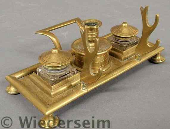 Appraisal: Diminutive brass inkstand c with two glass inkwells and a