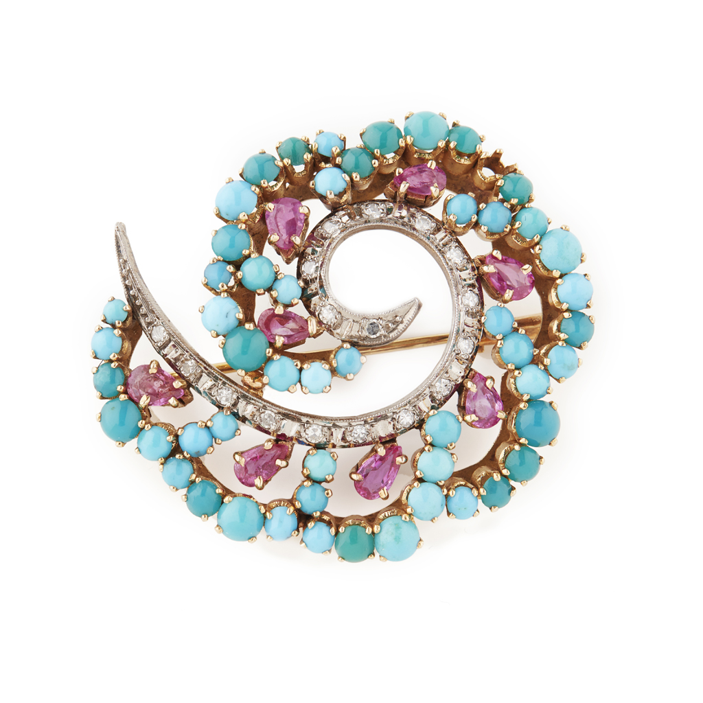 Appraisal: A s multi-gem set brooch of scrolling design claw set