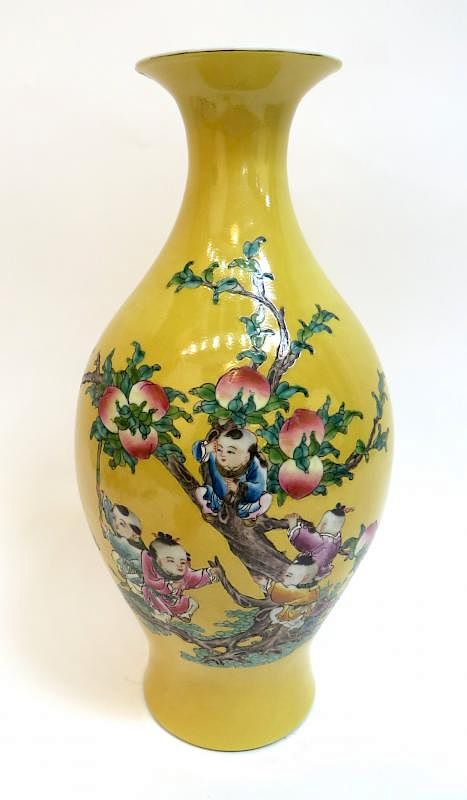 Appraisal: Yellow Children Peaches Vase Yellow Children Peaches Vase Description Marked