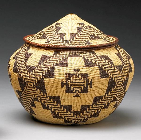 Appraisal: A Northeast California lidded basket Similarly worked on the body