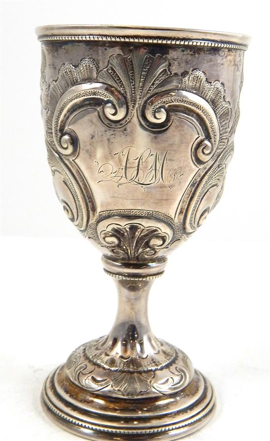 Appraisal: SILVER Goblet unmarked American th C shield and floral repousse