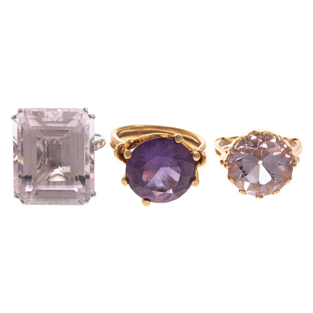 Appraisal: A Trio of Lady's Gold Gemstone Rings K yellow gold