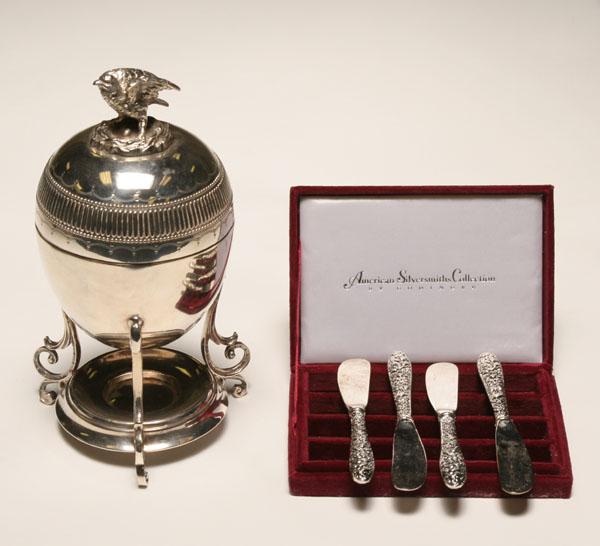 Appraisal: Victorian silverplate egg coddler and knife set Ovoid form coddler