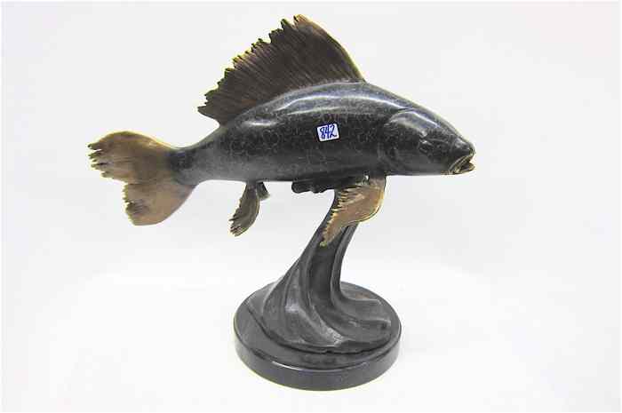 Appraisal: POLYCHROME BRONZE WILDLIFE SCULPTURE of a koi fish raised on