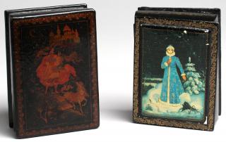 Appraisal: Russian Lacquer Boxes Comprising a black lacquer box with mythical