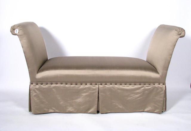 Appraisal: Century satin upholstered bench with tall rolled arms square nail-head