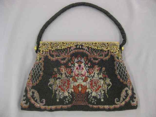 Appraisal: French Beaded Purse ornate framewith crystals metal beads throughout basket