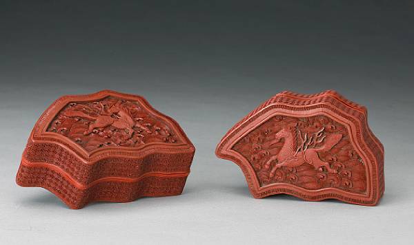 Appraisal: A pair of cinnabar lacquer leaf-shaped boxes th Century Each