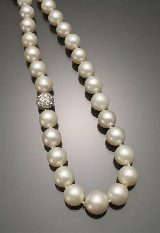 Appraisal: Matinee Length Tested Platinum South Sea Pearl and Diamond Necklace