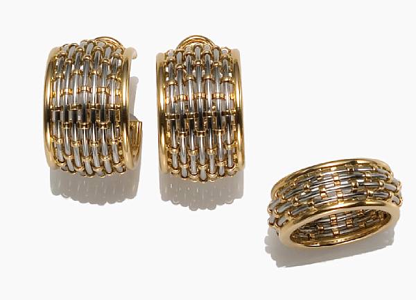 Appraisal: An k gold and stainless steel ring and earring set