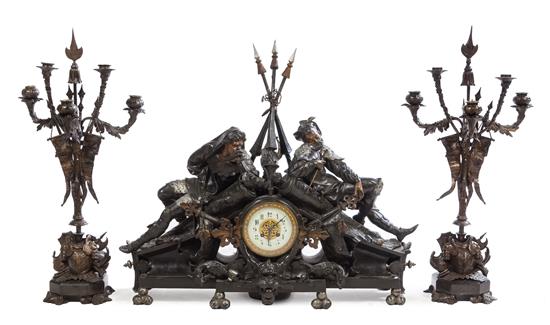 Appraisal: Sale Lot A French Cast Metal Figural Clock Garniture mid-