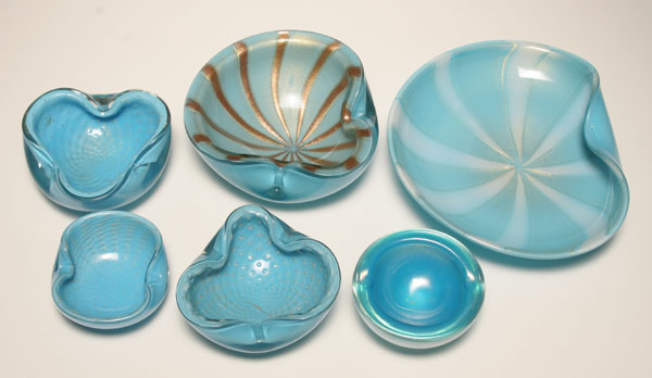 Appraisal: Six Murano turquoise art glass ashtrays and bowls Iridato aventurine