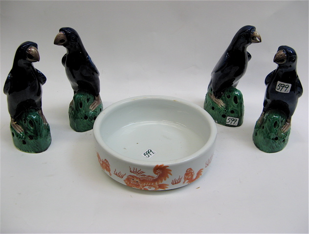 Appraisal: FOUR CHINESE GLAZED POTTERY four figural blue birds raised on