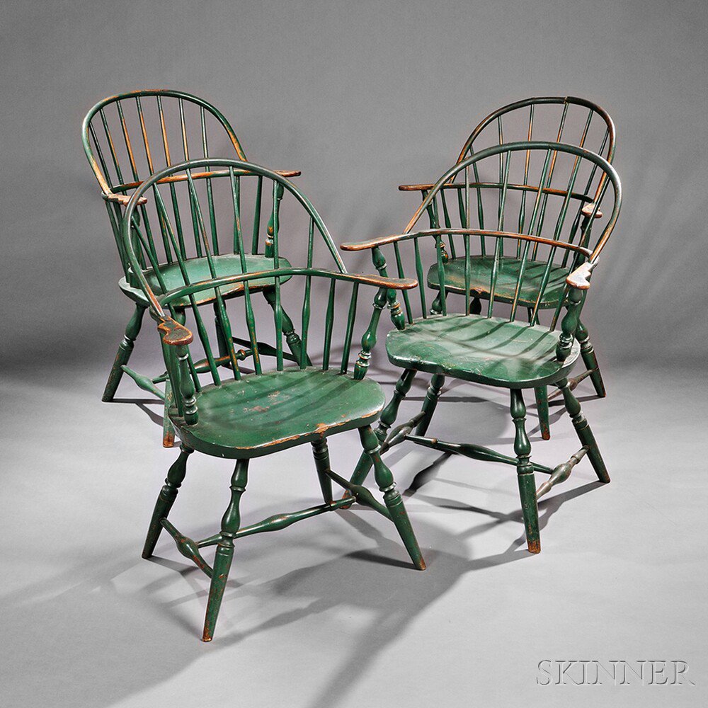 Appraisal: Assembled Set of Four Green-painted Sack-back Windsor Chairs New England