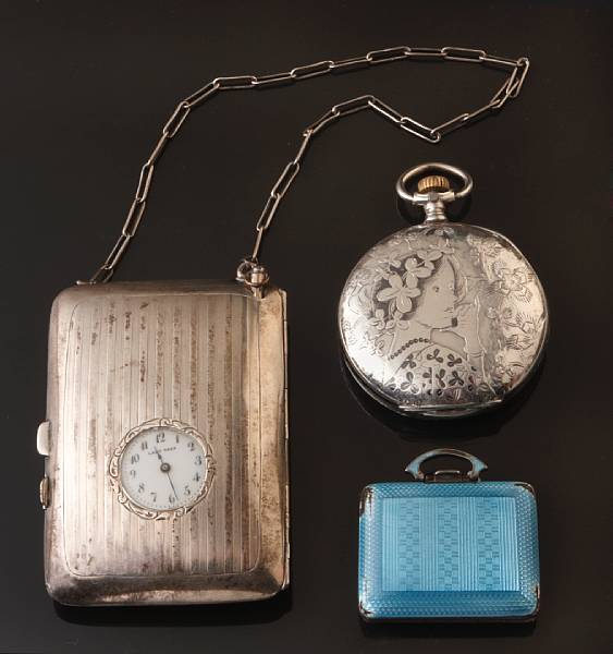 Appraisal: An enamel and silver travel clock damaged a silver purse