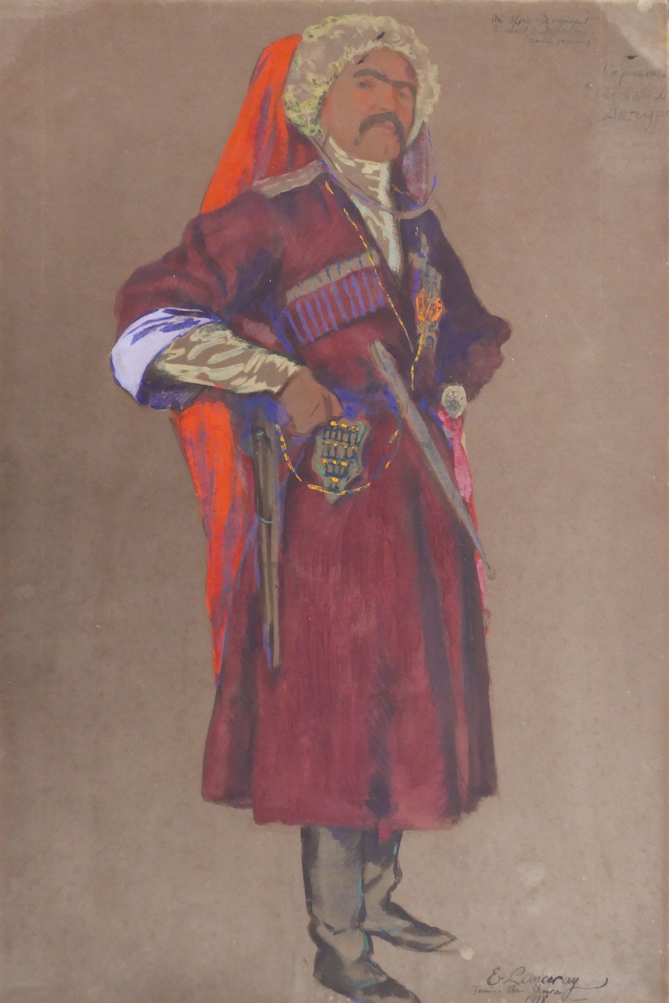 Appraisal: Evgeni Alexandrovich Lanceray - Russian Cossack Officer Mixed Media on