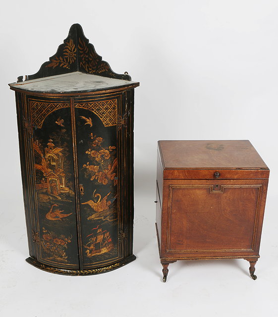 Appraisal: A GEORGE III JAPANNED BOW FRONT HANGING CORNER CUPBOARD together