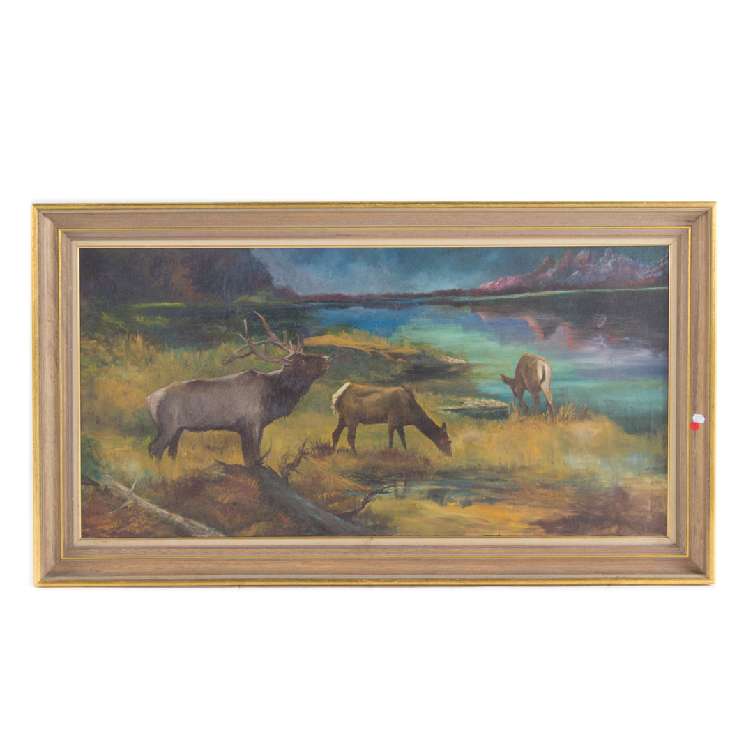 Appraisal: th c Artist Unknown Deer Watering oil unsigned framed