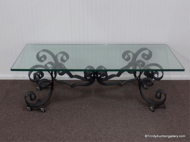 Appraisal: Vintage Bent Wrought Iron Glass Top Coffee Table This is