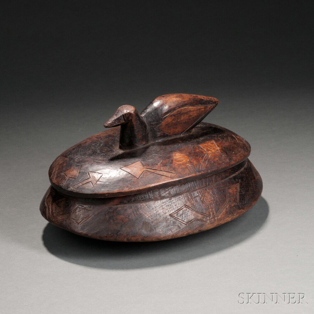 Appraisal: Lozi Carved Wood Lidded Bowl Zambia with a bird on