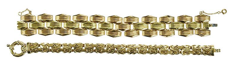 Appraisal: Two Gold Bracelets flattened Byzantine link stamped ON K yellow