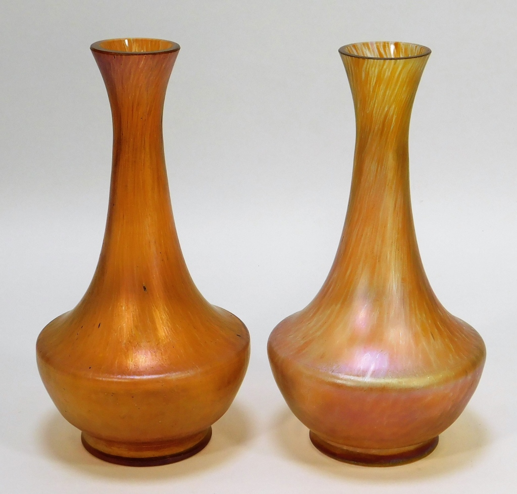 Appraisal: PR ORANGE IRIDESCENT BOHEMIAN ART GLASS VASES Bohemia th CenturyTwo