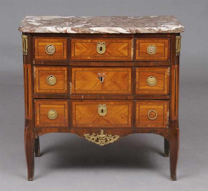 Appraisal: LOUIS XV XVI TRANSITIONAL INLAID TULIPWOOD COMMODE WITH MARBLE TOP