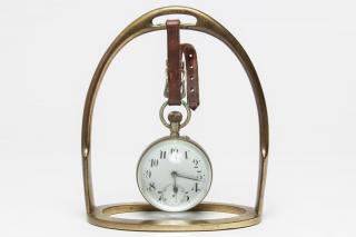 Appraisal: Vintage Glass Desk Clock in Brass Suspension Frame In the