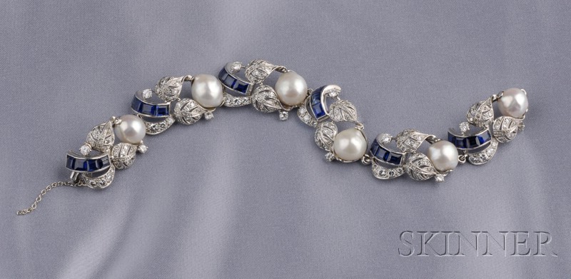 Appraisal: Platinum and Pearl Gem-set Bracelet Seaman Schepps c the leaf