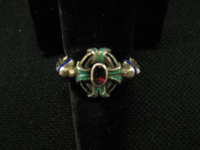 Appraisal: Early Hungarian Style Silver Ring ruby and enameled decor