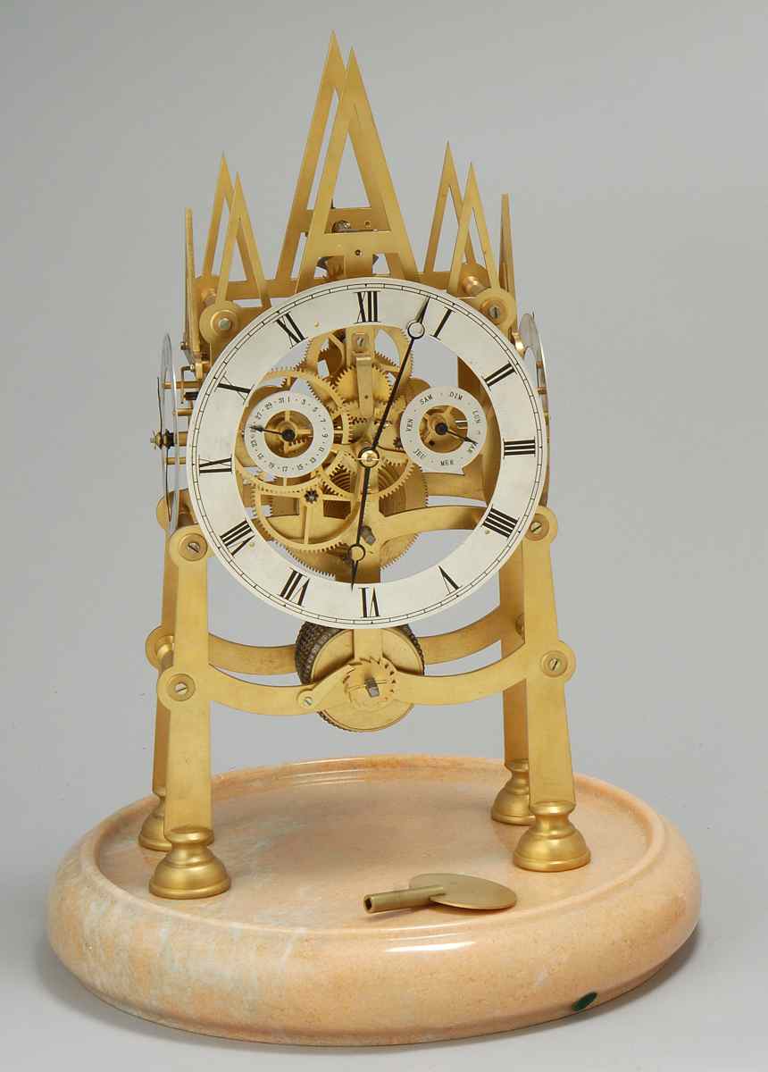 Appraisal: REPRODUCTION SKELETON CLOCK th CenturyWith fus e movement Front dial