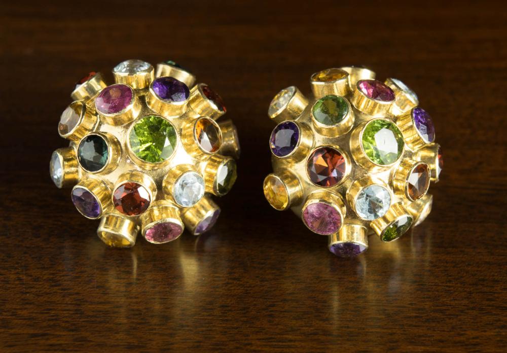 Appraisal: PAIR OF MULTI COLOR GEMSTONE STUD EARRINGS each k yellow