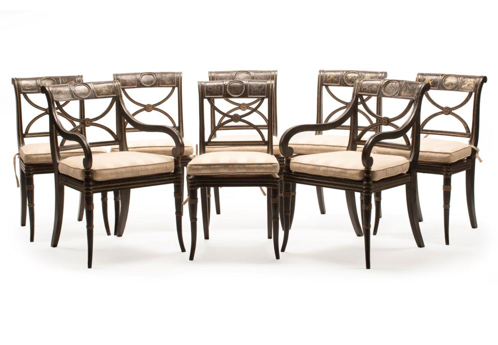 Appraisal: Eight Antique Regency-Style Painted and Parcel Gilt Fancy Chairs incl