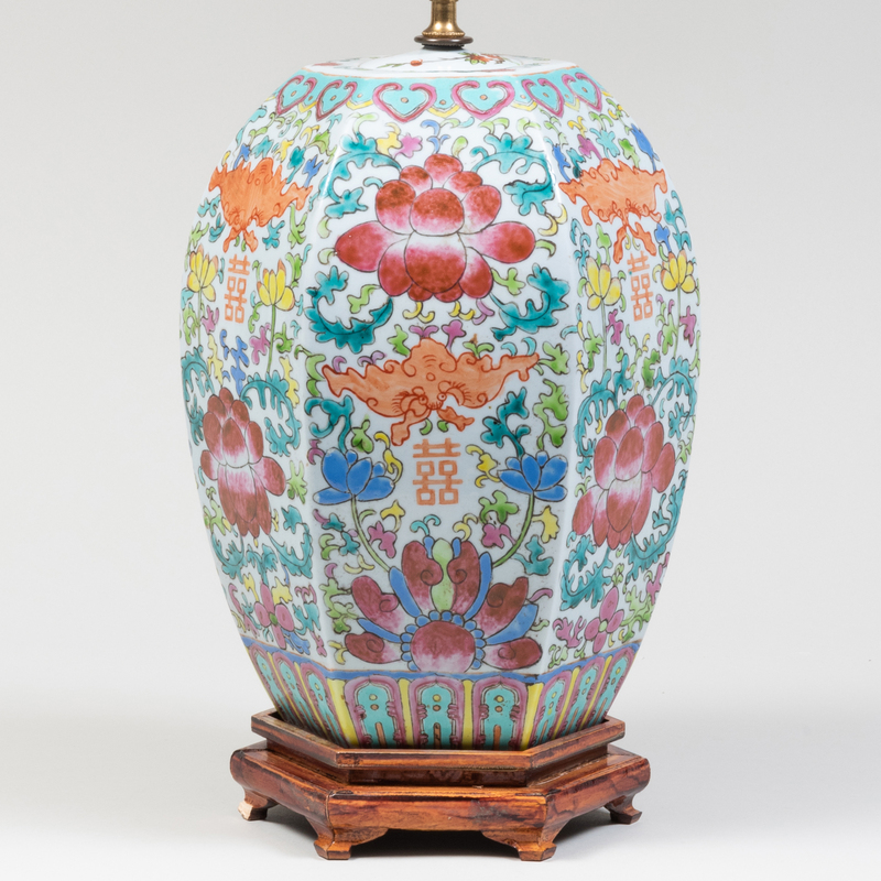 Appraisal: Chinese Porcelain Famille Rose Faceted Jar Mounted as a Lamp