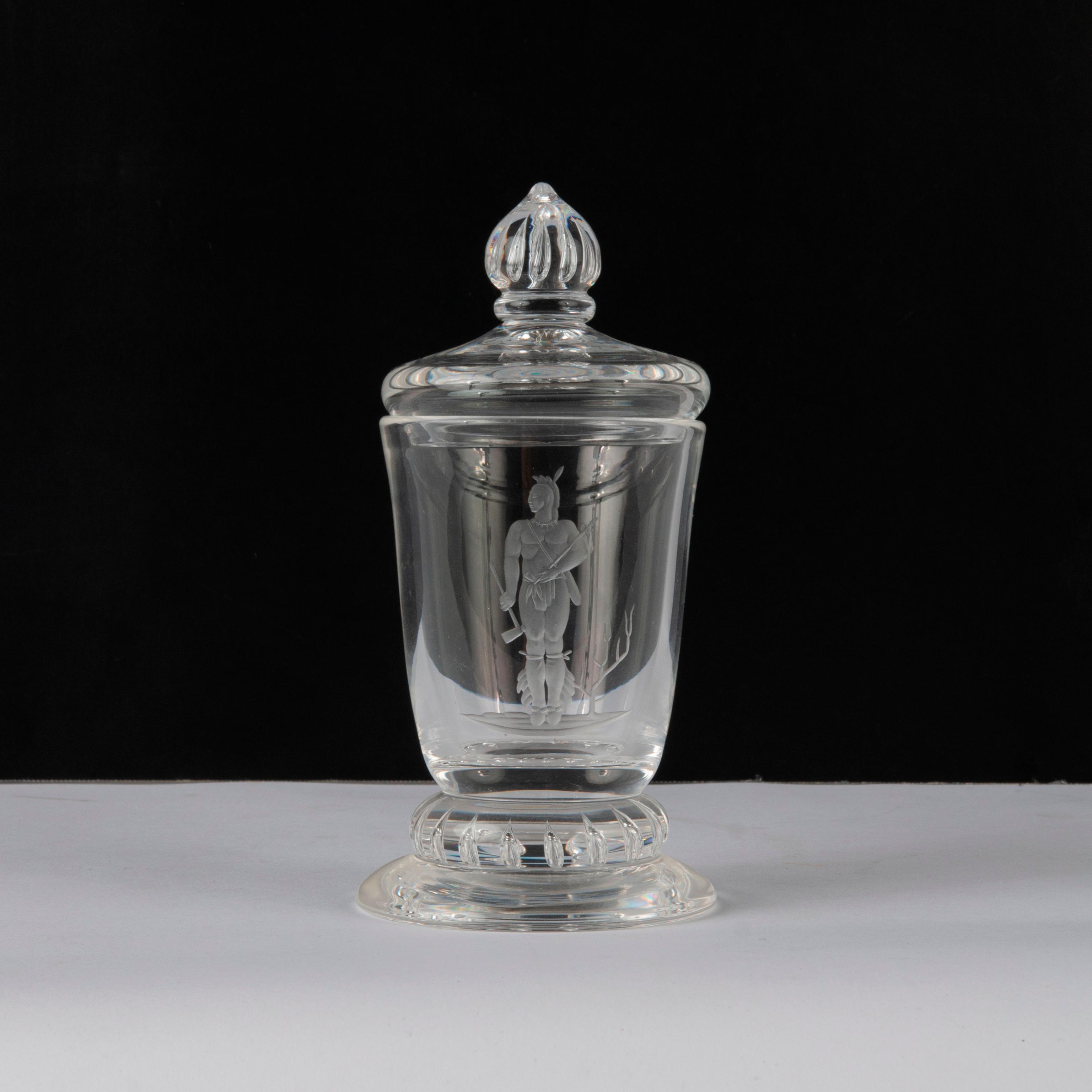 Appraisal: SIDNEY WAUGH FOR STEUBEN 'INDIAN BRAVE' ETCHED JAR A lidded