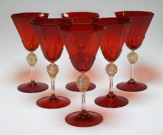 Appraisal: Venetian Red Aventurine Art Glass Wine Goblets ITALY EARLY TH