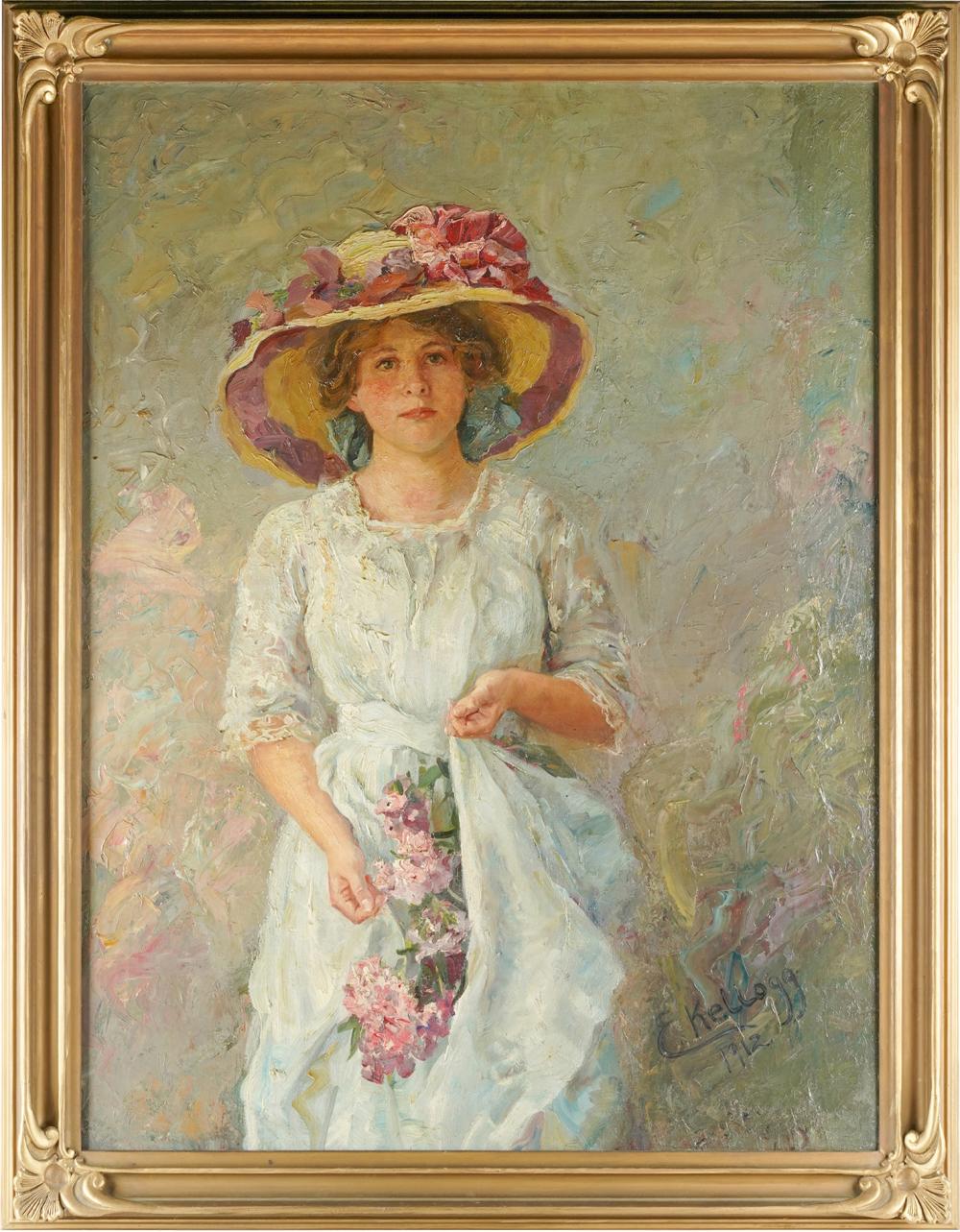 Appraisal: E KELLOGG FIGURE OF GIRL oil on canvas signed and