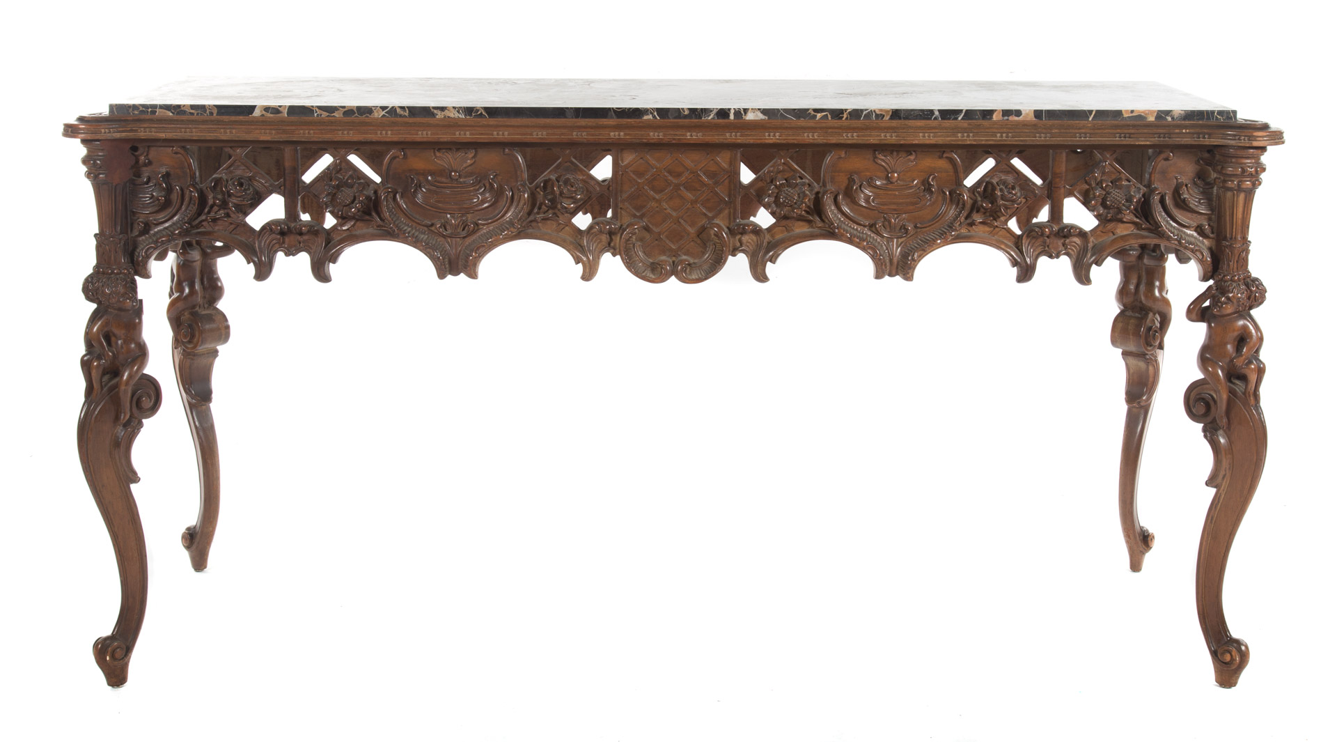 Appraisal: Rococo style marble top mahogany hall table late th early