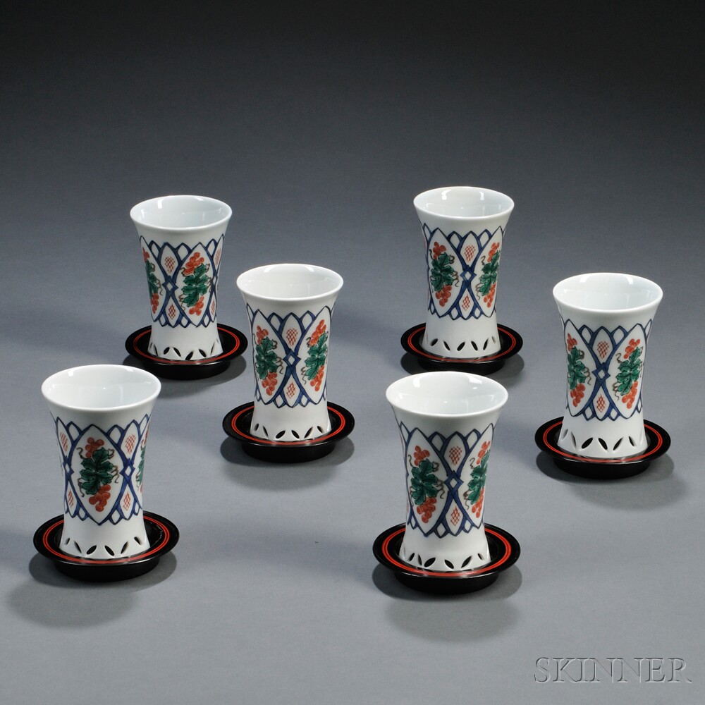 Appraisal: Set of Six Modern Kutani Ware Cups Japan with lacquer