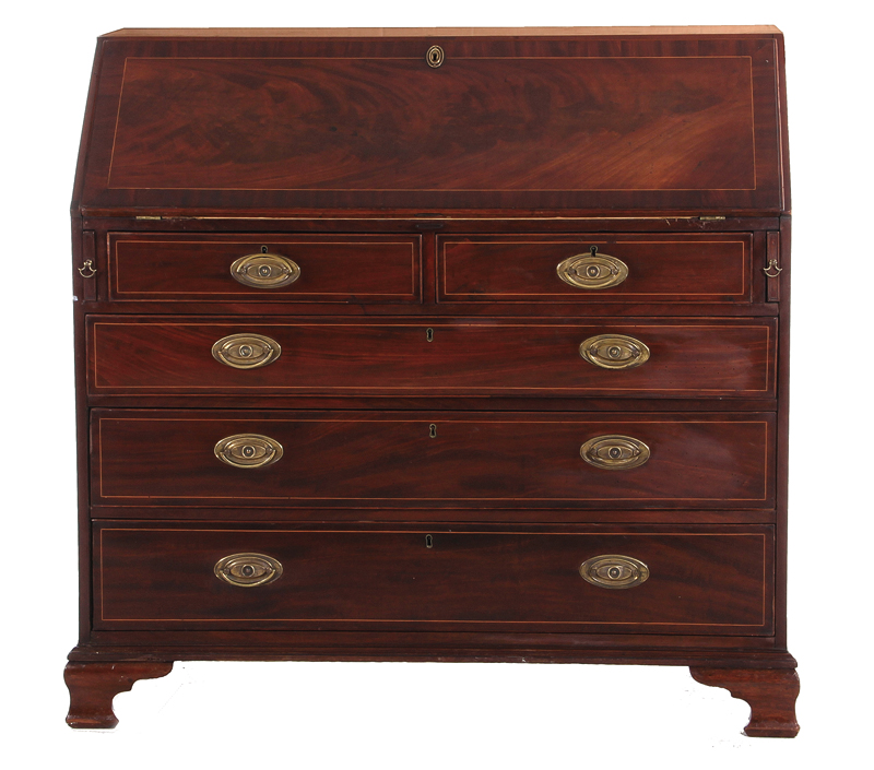 Appraisal: George III inlaid mahogany bureau circa crossbanded fallboard fitted interior