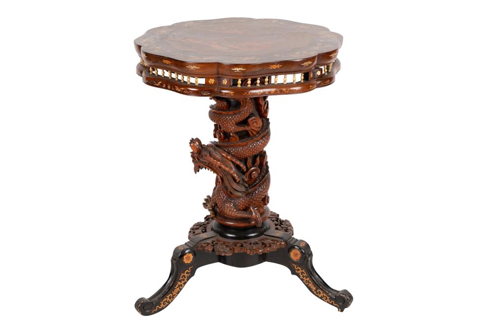 Appraisal: CHINESE INLAID HARDWOOD PEDESTAL TABLEthe circular top on a carved