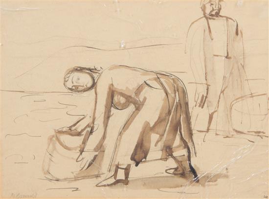 Appraisal: Sale Lot Artist Unknown Woman Leaning Over a Bag ink